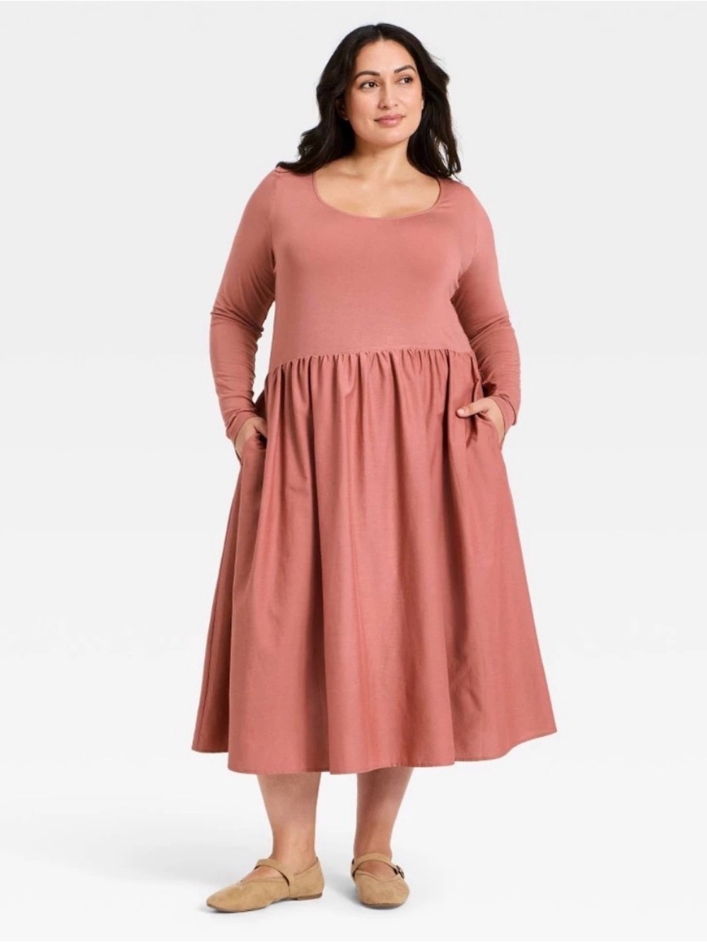 Women's Long Sleeve Knit MIDI a-Line Dress - Ava & Viv™ Mauve 4X